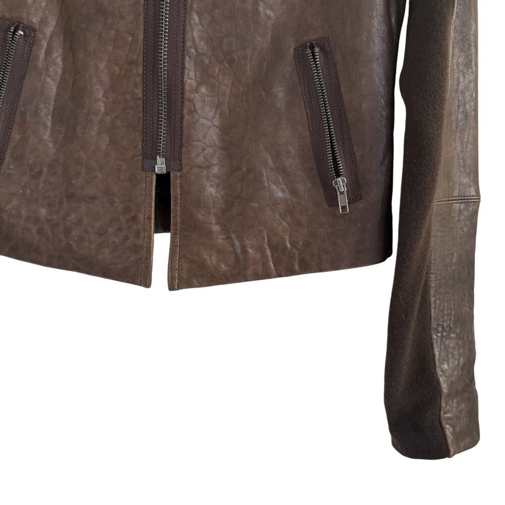 VEDA Brown Leather Moto Jacket Cropped Zip Front Stretch Panel Women’s XS - Picture 3 of 9